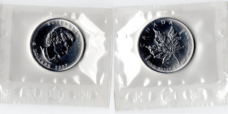  Kanada  5 Dollar (Maple Leaf) 2007  FM-Frankfurt Feingewicht: 31,1g Silber stg   