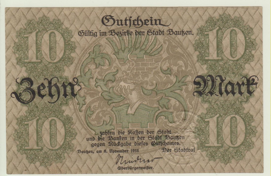  Deutschland 10 Mark Schein Bautzen 1918 in Er. I-II   