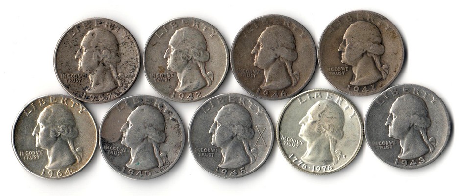  USA 9x Quarter Dollar (Washington) ver. Jgg.  FM-Frankfurt Feingewicht: 9x 5,62g Silber  schön   