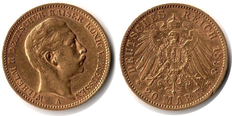 Preussen, Kaiserreich MM-Frankfurt Feingewicht: 7,17g Gold 20 Mark 1898 A sehr schön