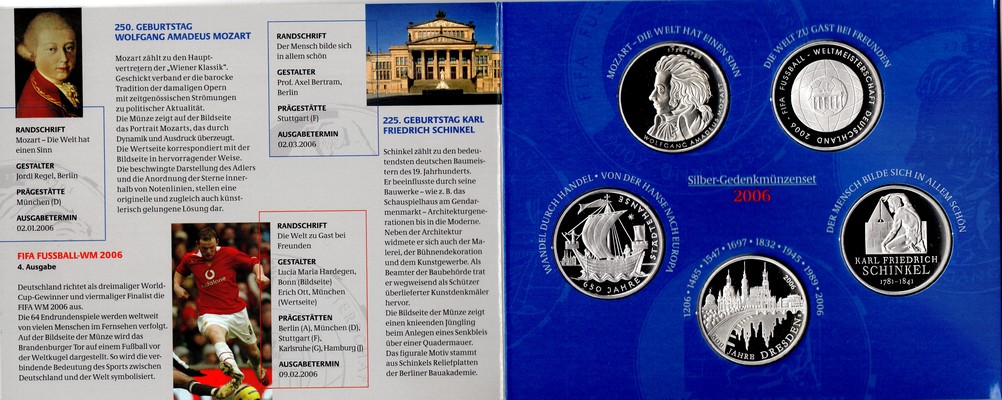  Deutschland  5 x 10 Euro (Gedenkmünzenset) 2006 FM-Frankfurt  Feingewicht: 83,25g  Silber  PP   