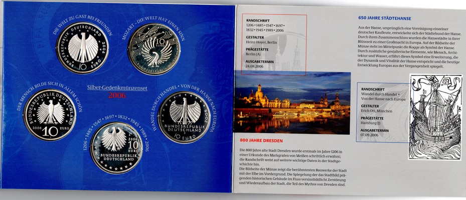  Deutschland  5 x 10 Euro (Gedenkmünzenset) 2006 FM-Frankfurt  Feingewicht: 83,25g  Silber  PP   