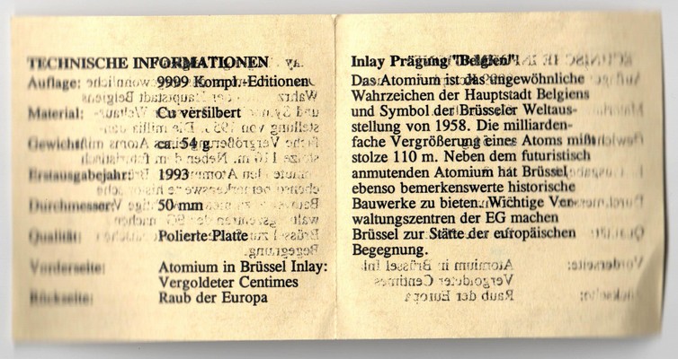  Belgien Medaille 1993  Atomium in Brüssel  FM-Frankfurt Gewicht: ca.54g PP   