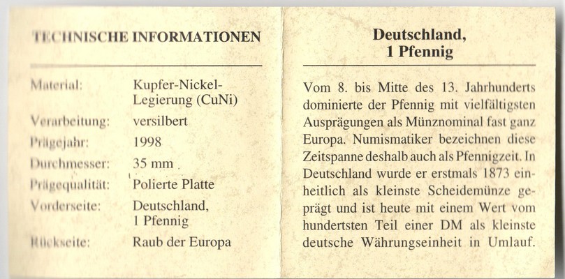  Deutschland   Medaille 1998  Deutschland 1 Pfennig    FM-Frankfurt  PP   