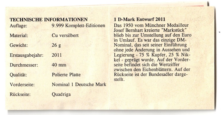  Deutschland Medaille 2011  versilbert 1 DM Entwurf  FM-Frankfurt  PP   