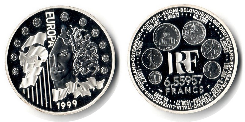  Frankreich  6,55957 Francs  1999  FM-Frankfurt Feingewicht: 19,98g  Silber  PP berührt   