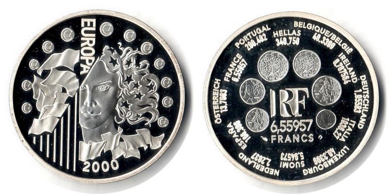  Frankreich  6,55957 Francs  2000  FM-Frankfurt Feingewicht: 19,98g  Silber  PP berührt   