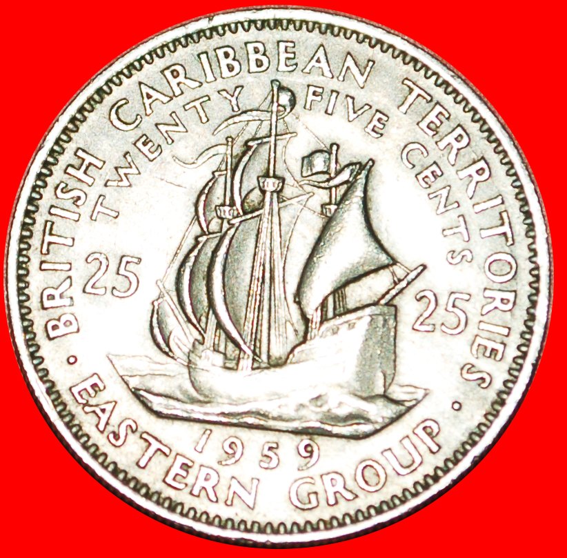  √ SHIP of Sir Francis Drake (1542-1596): EAST CARIBBEAN TERRITORIES ★ 25 CENTS 1959! LOW START ★   