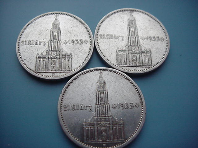 Drittes Reich 3 X 5 Reichsmark Garnisonkirche1934 3 x A