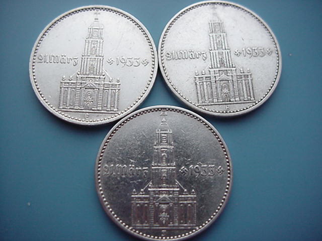 Drittes Reich 3 X 2 Reichsmark Garnisonkirche1934 A/E/J