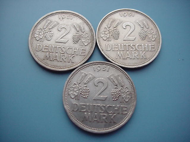 Bundesrepublik 3 x 2 Deutsche Mark Ähren und Trauben 1951 D/F/J