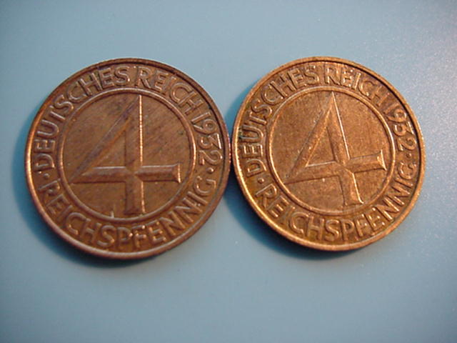 Weimarer Republik 2 x 4 Reichspfennig 1932 2 X D