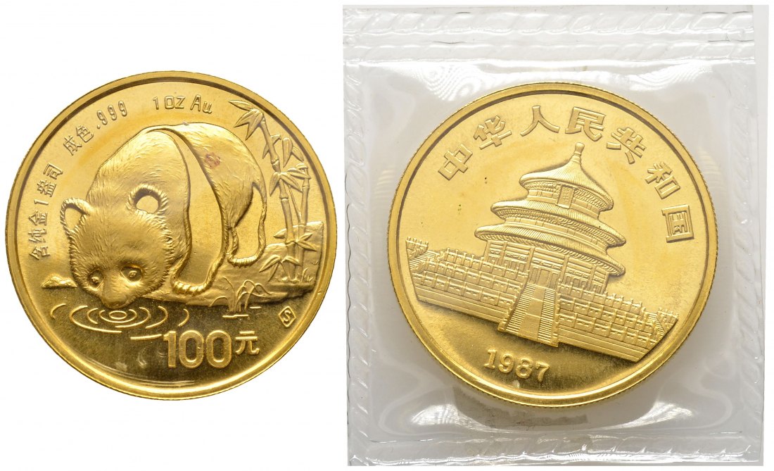 PEUS 8721 China 31,1 g Feingold. Trinkender Panda 100 Yuan GOLD Unze 1987 s Uncirculated (eingeschweißt)