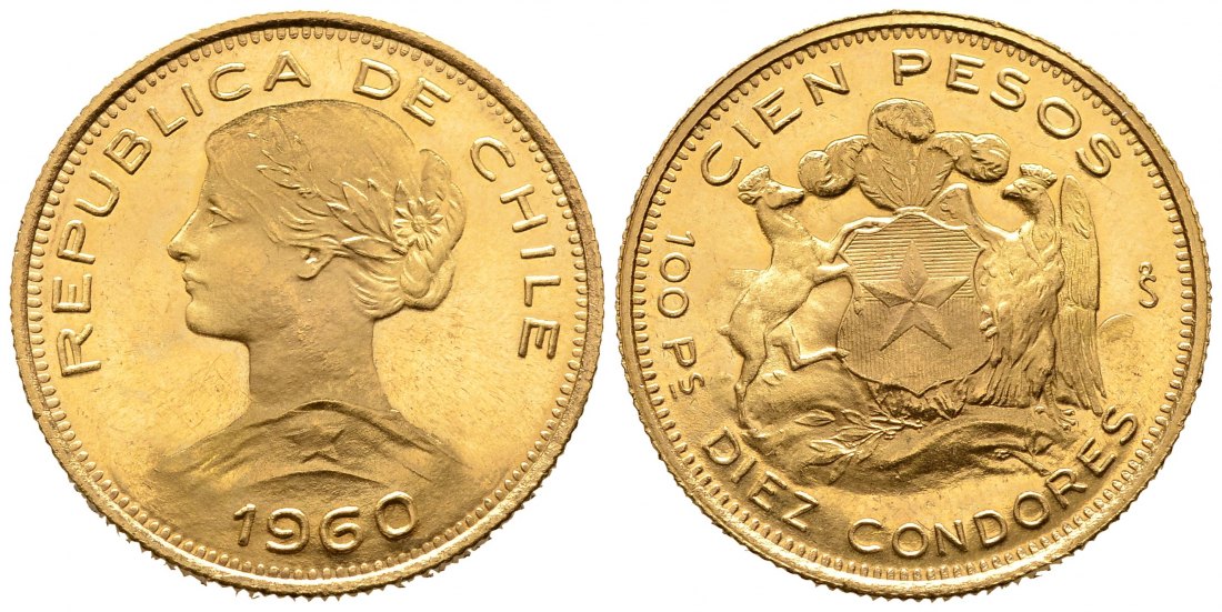PEUS 8722 Chile 18,31 g Feingold 100 Pesos GOLD 1960 Vorzüglich +