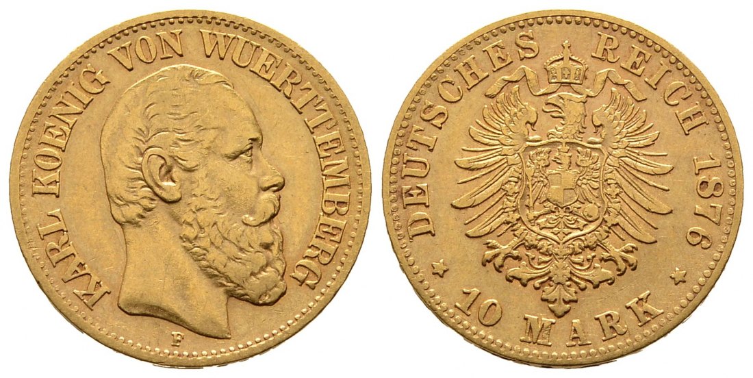 PEUS 8414 Württemberg 3,58 g Feingold. Karl (1864 - 1891) 10 Mark GOLD 1876 F Stuttgart Sehr schön