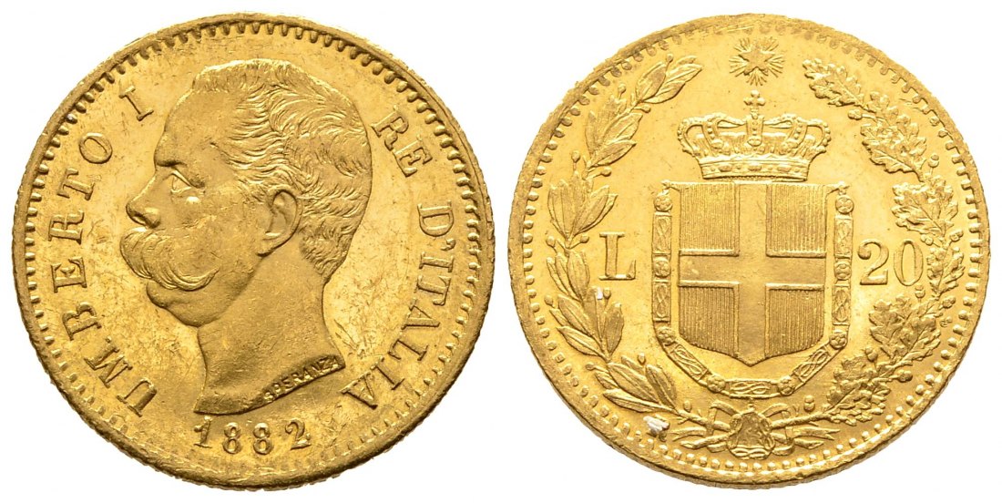 PEUS 8728 Italien 5,81 g Feingold. Umberto I. (1878 - 1900) 20 Lire GOLD 1882 R Rom Kl. Kratzer, Sehr schön +
