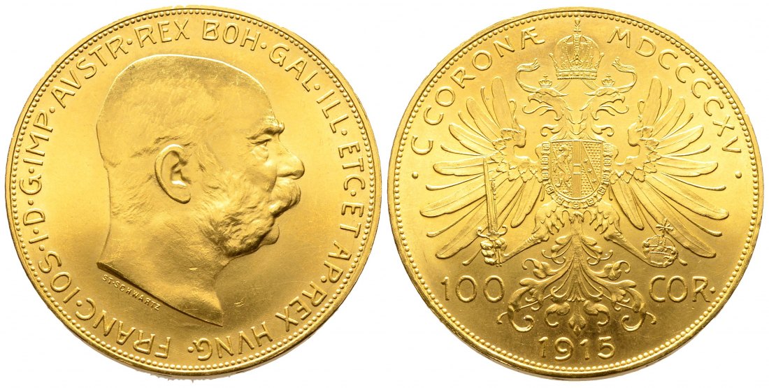 PEUS 8729 Österreich 30,49 g Feingold. Franz Joseph (1848-1916) 100 Kronen (off.NP) GOLD 1915 Kl. Kratzer, fast Stempelglanz