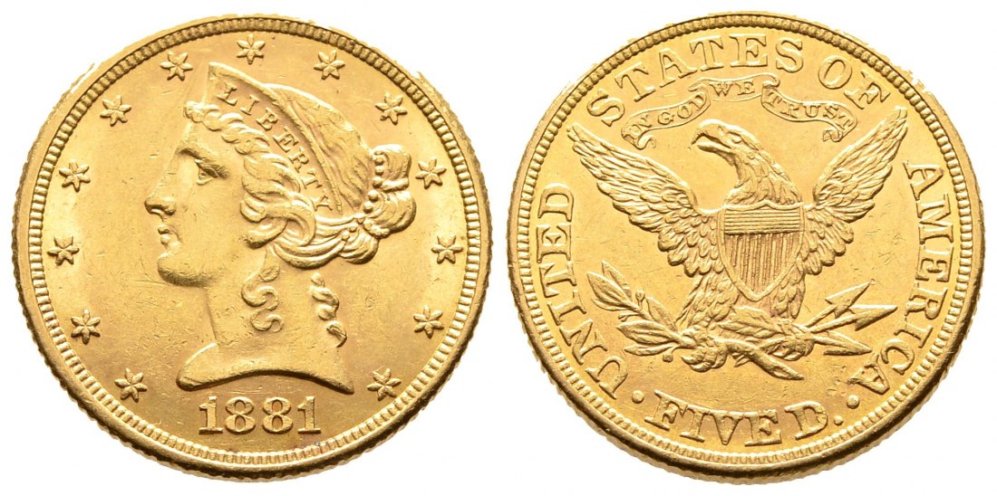 PEUS 8731 USA 7,52 g Feingold. Coronet Head 5 Dollars GOLD 1881 Kl. Kratzer, Sehr schön +