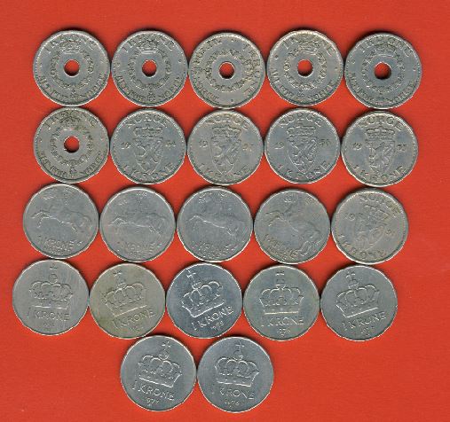  Norwegen 22x 1 Krone 1925,1940,1947,1949,1950,1951,1951,1954,1955,1956,1957,1959,1962,1963,1969,1   
