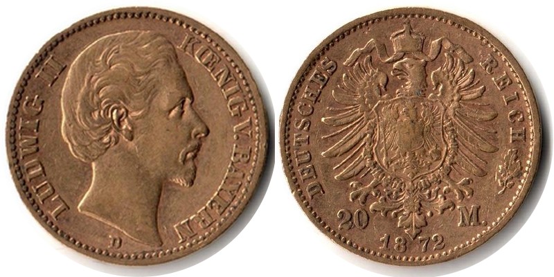 Bayern, Königreich MM-Frankfurt Feingewicht: 7,17g Gold 20 Mark 1872 D sehr schön