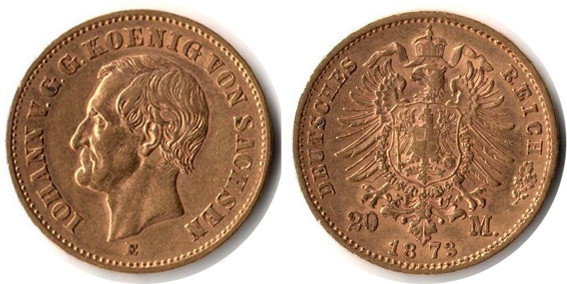 Sachsen, Königreich MM-Frankfurt Feingewicht: 7,17g Gold 20 Mark 1873 E sehr schön