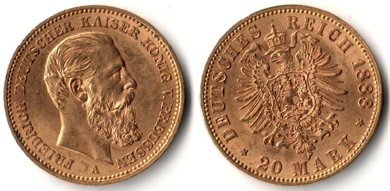 Preussen, Königreich MM-Frankfurt Feingewicht: 7,17g Gold 20 Mark 1888 A sehr schön