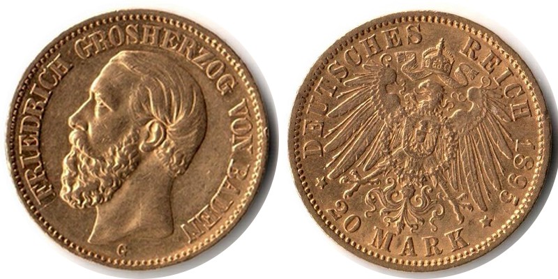 Baden, Großherzogtum MM-Frankfurt Feingewicht: 7,17g Gold 20 Mark 1895 G sehr schön