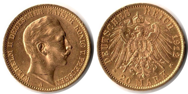 Preussen, Königreich MM-Frankfurt Feingewicht: 7,17g Gold 20 Mark 1912 A sehr schön