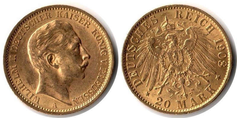 Preussen, Königreich MM-Frankfurt Feingewicht: 7,17g Gold 20 Mark 1908 A sehr schön