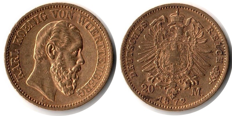 Württemberg, Königreich MM-Frankfurt Feingewicht: 7,17g Gold 20 Mark 1872 F sehr schön