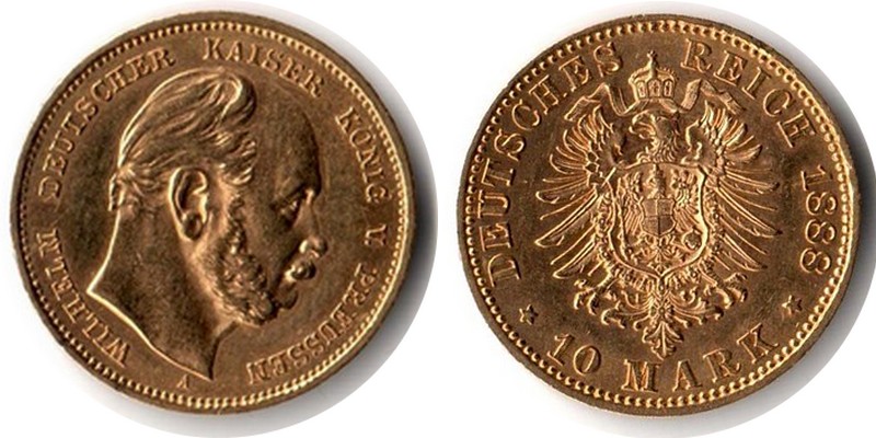 Preussen, Kaiserreich MM-Frankfurt Feingewicht: 3,58g Gold 10 Mark 1888 A sehr schön/vz