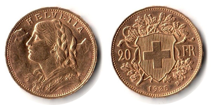 Schweiz MM-Frankfurt Feingewicht: 5,81g Gold 20sFR (Vreneli) 1925 B vorzüglich