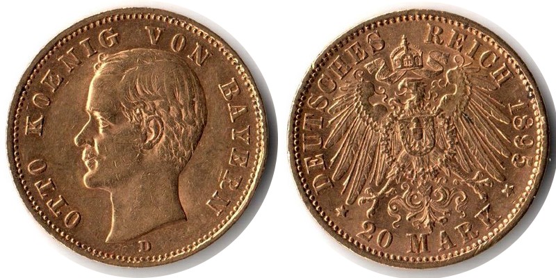 Bayern, Königreich MM-Frankfurt Feingewicht: 7,17g Gold 20 Mark 1895 D sehr schön
