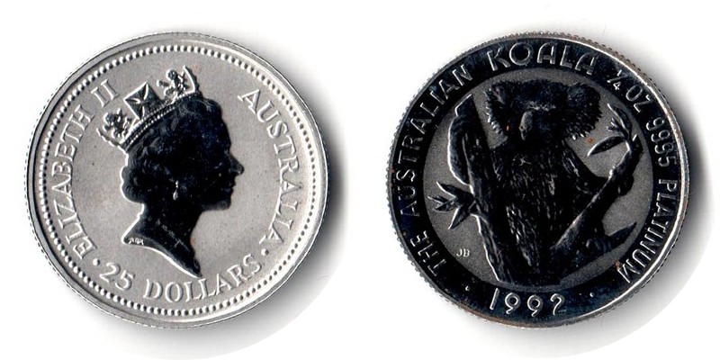 Australien MM-Frankfurt Feingewicht: 7,78g Platinum 25 Dollars (Koala) 1992 stempelglanz