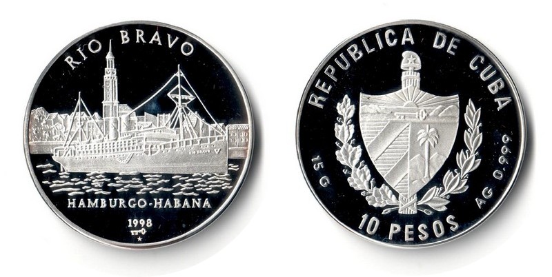  Kuba  10 Pesos  1998  FM-Frankfurt  Feingewicht: 15g Silber  pp   