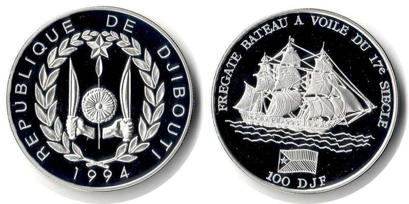  Djibouti 100 Francs  1994  FM-Frankfurt  Feingewicht: 29,11g Silber  pp   