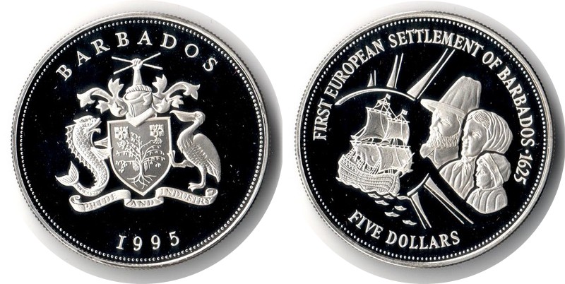  Barbados  5 Dollar  1995  FM-Frankfurt  Feingewicht: 26,16g  Silber  PP   