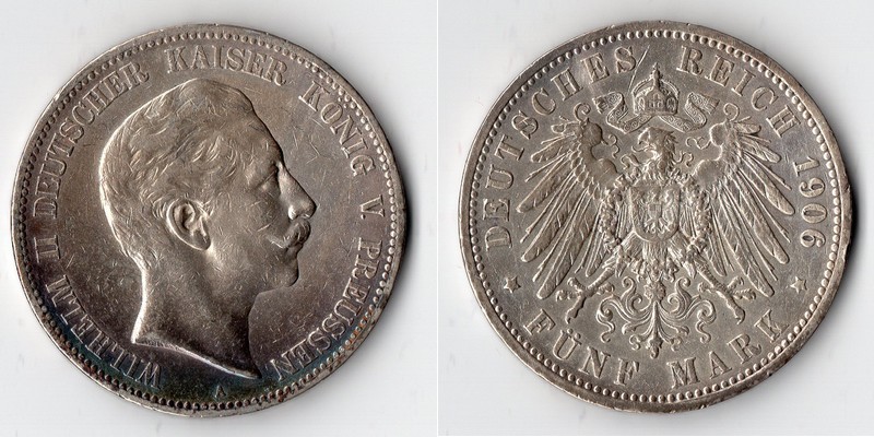  Preussen, Kaiserreich  5 Mark  1906 A  FM-Frankfurt Feingewicht: 25g Silber sehr schön   