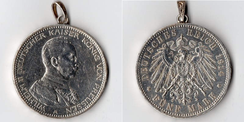 Preußen, Kaiserreich  5 Mark  1914 A (mit Öse) FM-Frankfurt Feingewicht: 25g Silber sehr schön   