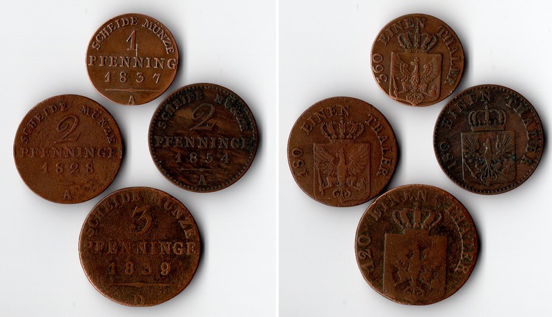  Preussen,Scheide Münzen 1Pf., 2 x 2Pf., 3 Pfennig  1828-1854   FM-Frankfurt   Kupfer   sehr schön   