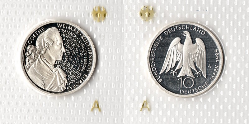  Deutschland  10 DM (Gedenkmünze) 1999 A FM-Frankfurt  Feingewicht: 14,33g  Silber PP   