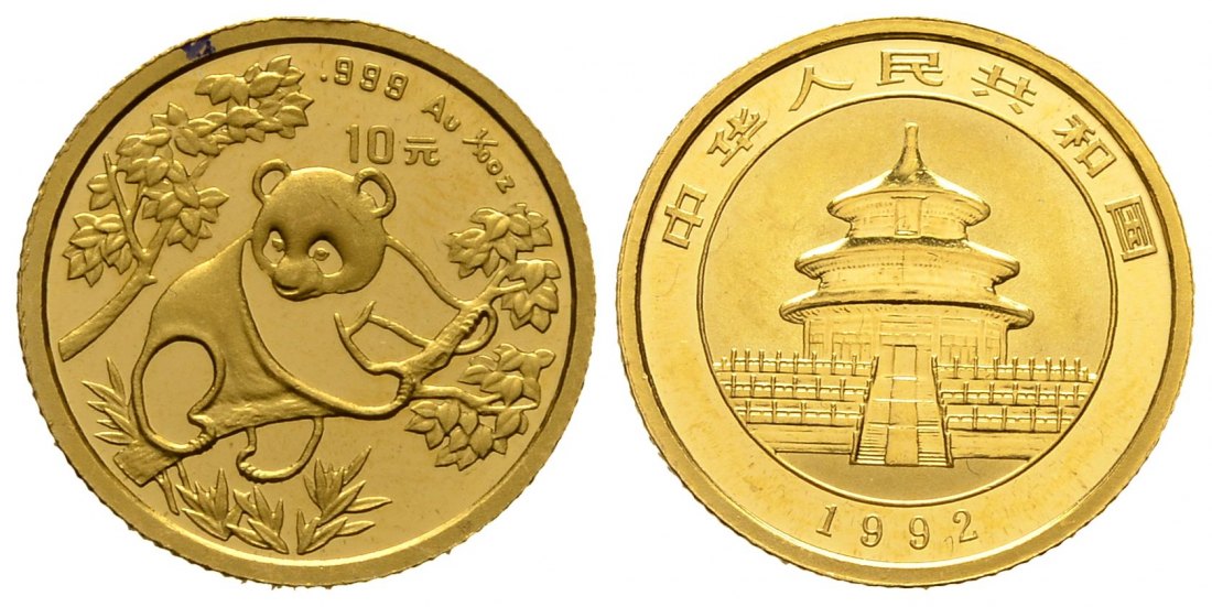 PEUS 8732 China Volksrepublik 3,11 g Feingold. Kletternder Panda auf Eukalyptusbaum 10 Yuan GOLD 1/10 Unze 1992 Vorzüglich +
