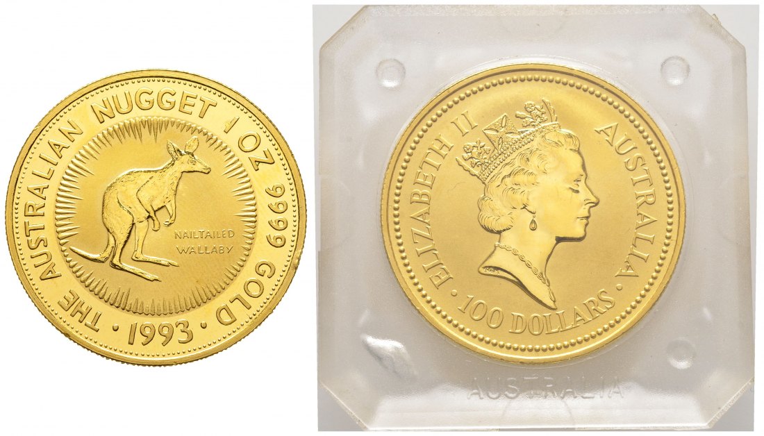 PEUS 8739 Australien 31,1 g Feingold. Nagelkänguru 100 Dollars GOLD Unze 1993 Kl.Randfehler, fast Stempelglanz(Kapsel)
