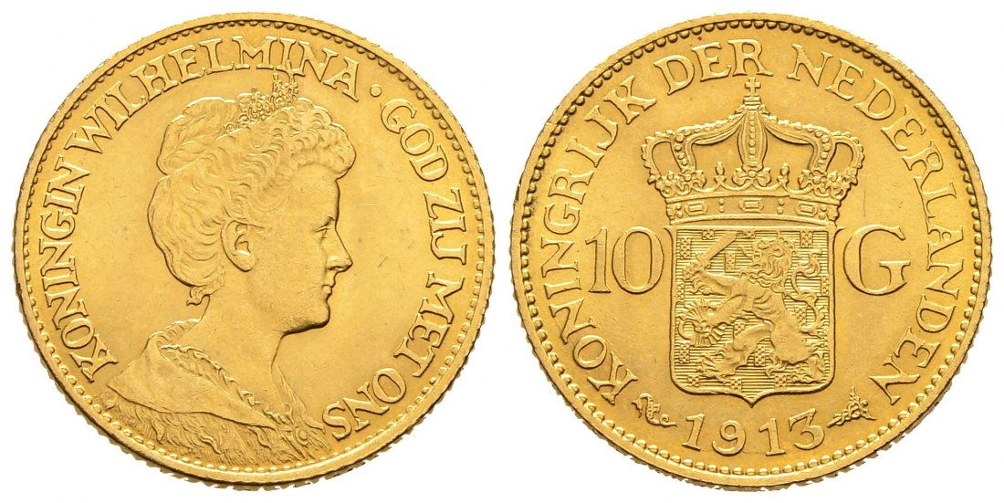 PEUS 8743 Niederlande 6,06 g Feingold. Wilhelmina (1890 - 1948) 10 Gulden GOLD 1913 Kl. Kratzer, fast Vorzüglich