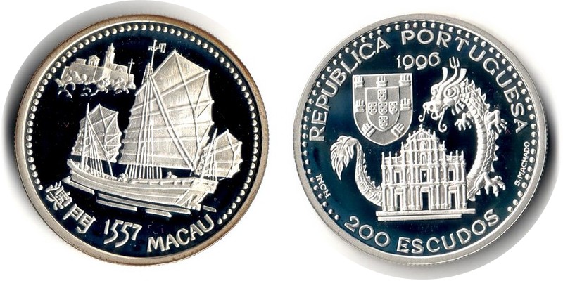  Portugal  200 Escudos  1996  FM-Frankfurt  Feingewicht: 24,51g Silber  pp (angelaufen)   