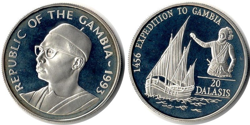  Gambia  20 Dalasis  1993  FM-Frankfurt Feingewicht: 29,11g  Silber PP  (angelaufen)   