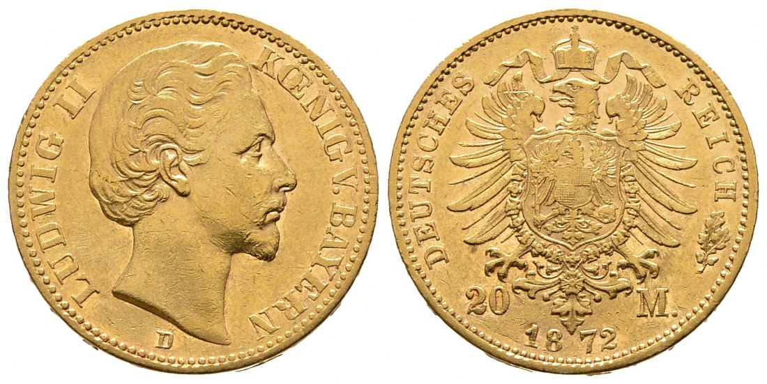 PEUS 8723 Kaiserreich - Bayern 7,17 g Feingold. Ludwig II. (1864 - 1886) 20 Mark GOLD 1872 D München Sehr schön