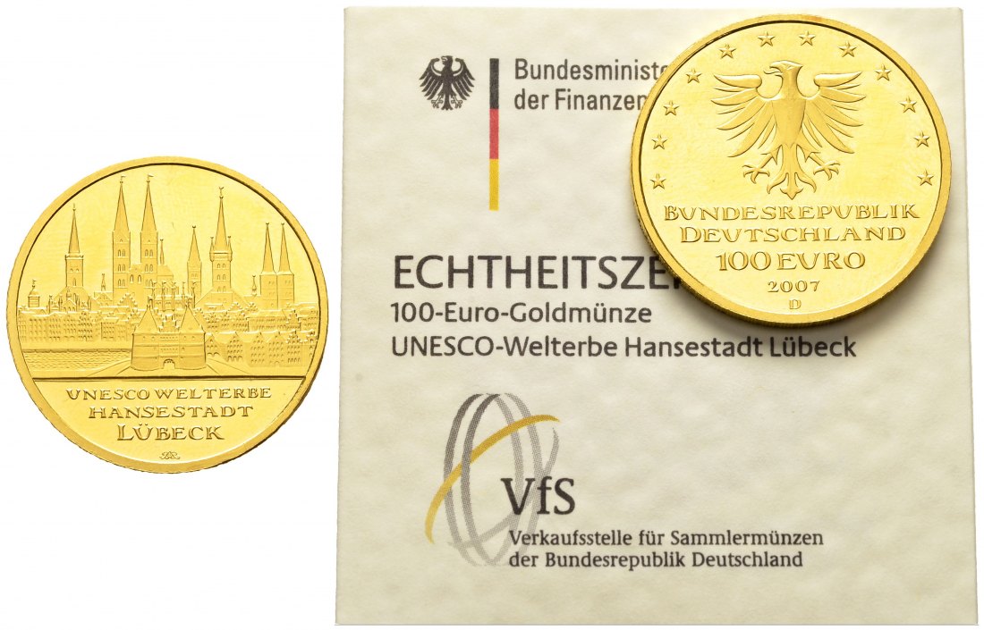 PEUS 8948 BRD - Hansestadt Lübeck 15,55 g Feingold. NUR mit  Zertifikat 100 Euro Gold, 1/2 Unze 2007 D München Winzige Kratzer, fast Stempelglanz