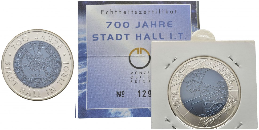PEUS 8751 Österreich 10 g Feinsilber + 7,15 g Feinniob. 700 Jahre Hall mit Zertifikat 25 Euro SILBER + NIOB 2003 Stempelglanz