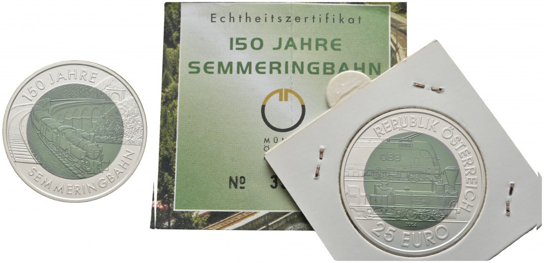 PEUS 8752 Österreich 10 g Feinsilber + 7,15 g Feinniob. 150 Jahre Semmeringbahn mit Zertifikat 25 Euro SILBER + NIOB 2004 Stempelglanz